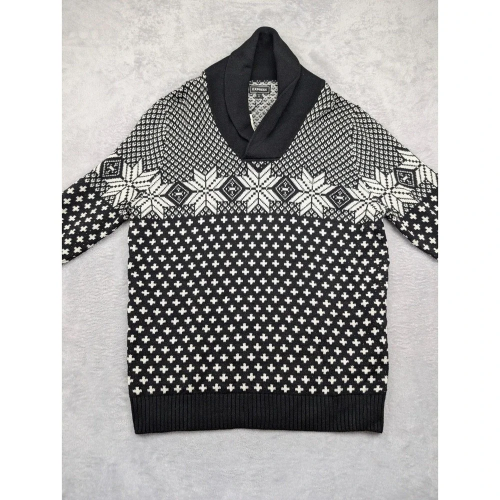 Express Sweater‎ Mens XL Black White Fair Isle Tight Knit Shawl Collar Outdoor